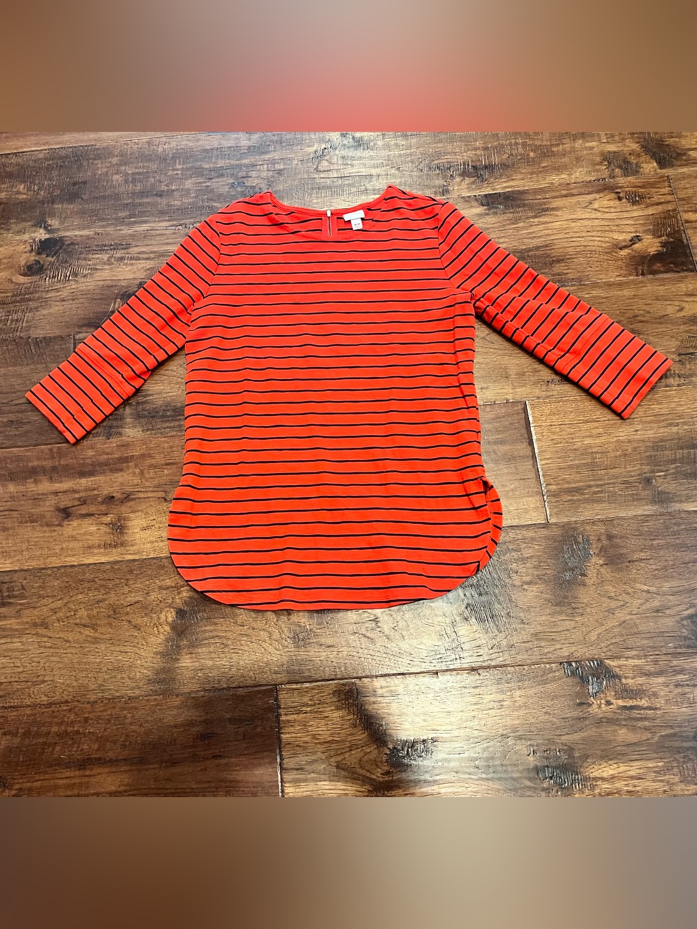 MERONA. MEDIUM 3/4 SLEEVE COTTON TOP. ORANGE/NAVY STRIPE